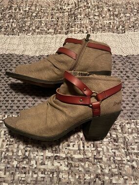 Blowfish Tan Canvas Ankle Boots with open toe and leather Strap Accent